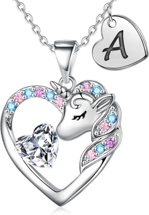 Necklace for Girls Kids Gifts - Colorful CZ Heart Initial Necklaces Unicorn Necklace for Girls Jewelry Birthday Graduation Gifts for Little Girl Kids