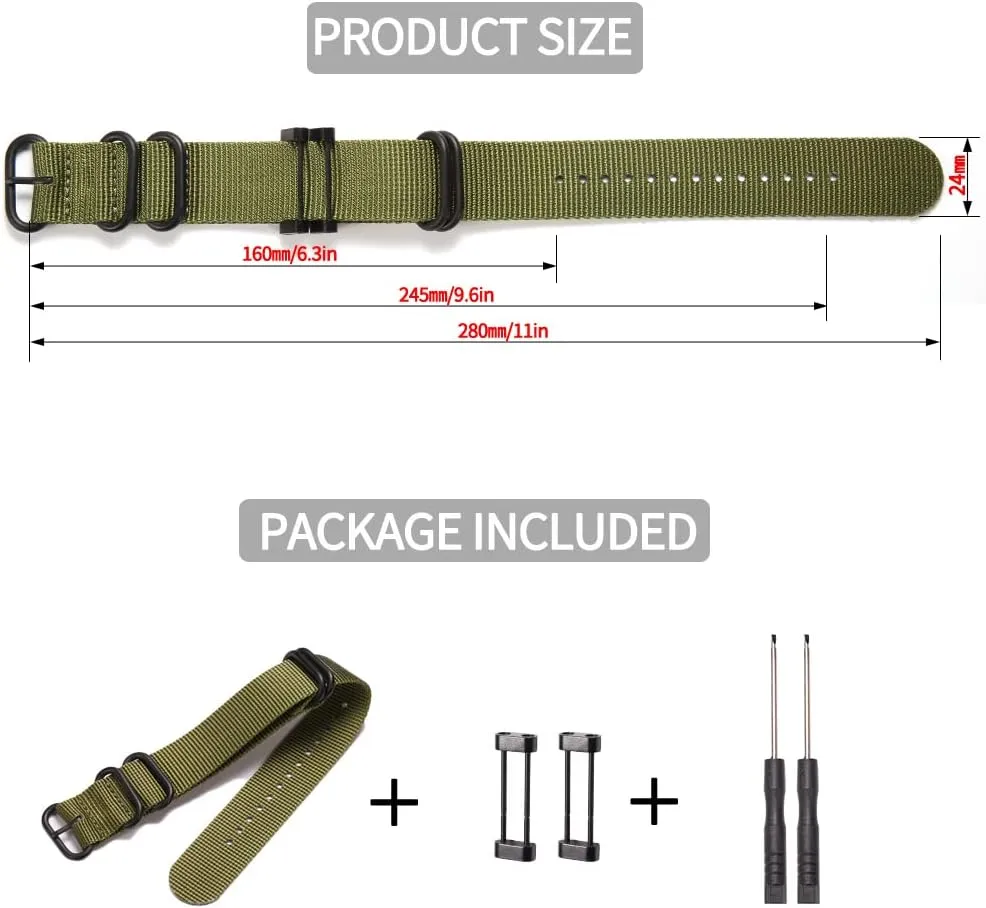 Nylon Replacement Strap Compatible with Suunto core all black military nylon band 24mm nylon watch band wrist strap for men