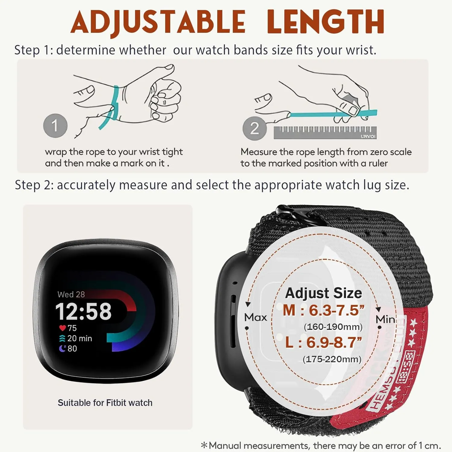 Nylon Watch Band Compatible with Fitbit Versa 3 / Versa 4 / Fitbit Sense/Sense 2 for Men, Rugged Nylon Sports Adjustable Strap Military Tactical Style Replacement Wristband