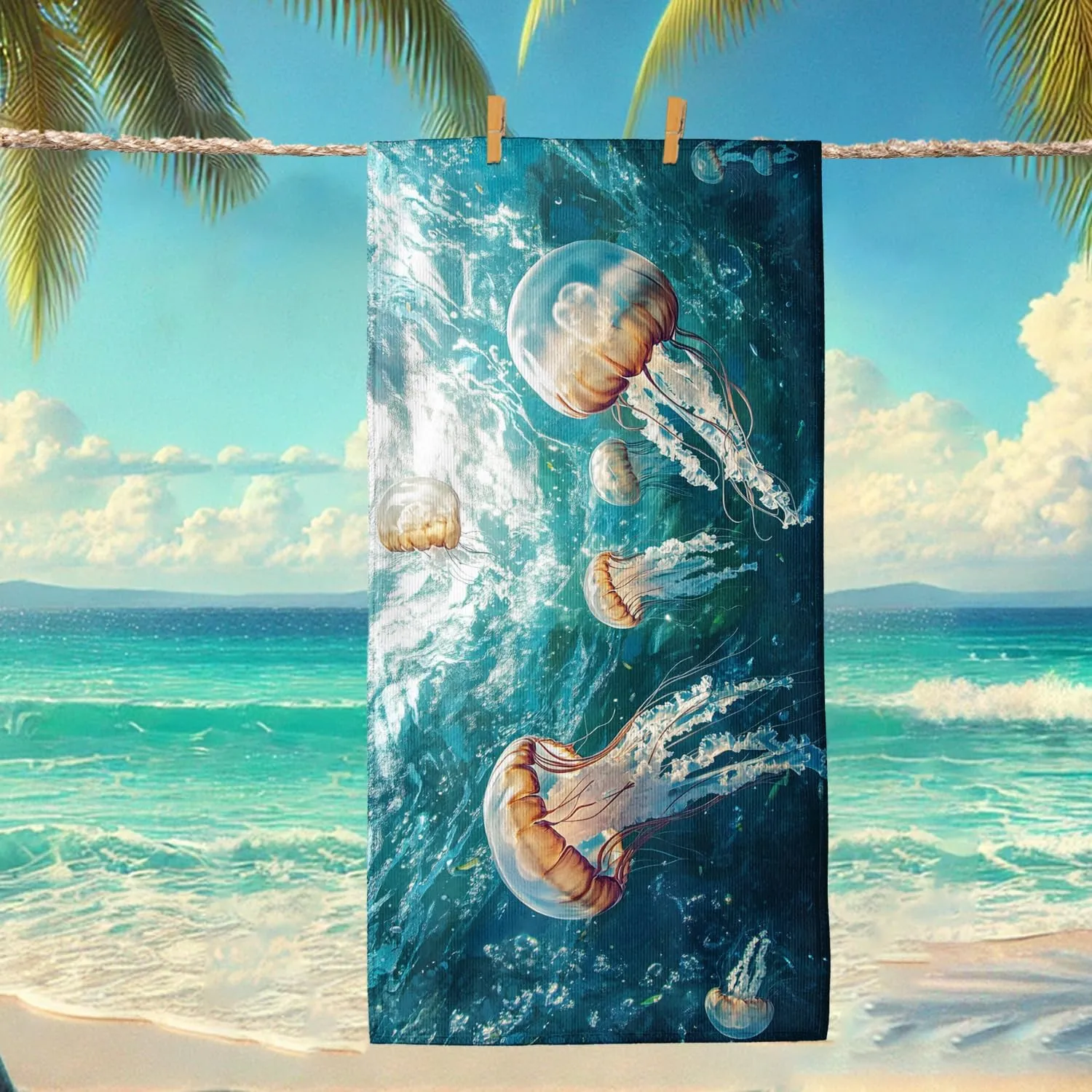 Ocean Jellyfish Pattern Beach Towel Teal Underwater Design Quick Dry Absorbent Sand Free Lightweight Beach Blanket, Perfect for Pool, Vacation, Picnic Essentials 70x35 Inch