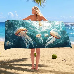 Ocean Jellyfish Pattern Beach Towel Teal Underwater Design Quick Dry Absorbent Sand Free Lightweight Beach Blanket, Perfect for Pool, Vacation, Picnic Essentials 70x35 Inch