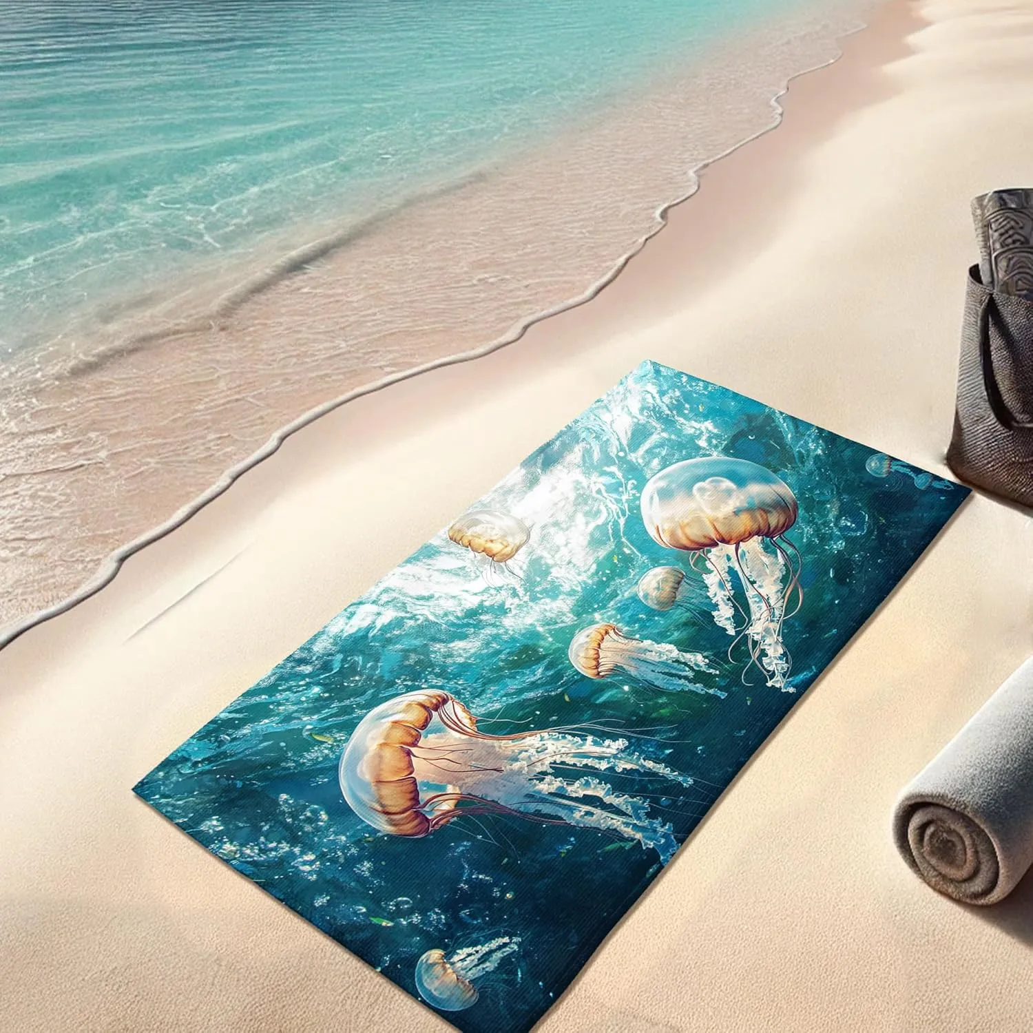 Ocean Jellyfish Pattern Beach Towel Teal Underwater Design Quick Dry Absorbent Sand Free Lightweight Beach Blanket, Perfect for Pool, Vacation, Picnic Essentials 70x35 Inch