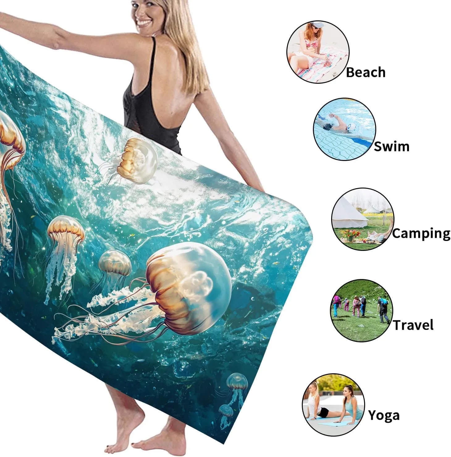 Ocean Jellyfish Pattern Beach Towel Teal Underwater Design Quick Dry Absorbent Sand Free Lightweight Beach Blanket, Perfect for Pool, Vacation, Picnic Essentials 70x35 Inch