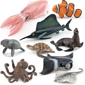 Ocean Sea Marine Animal Model Figures 9 PCS Squid Octopus Sea Turtle Manta Ray Figurines Party Favors Supplies Cake Toppers Set Toys for Boys Girls Kid Toddlers
