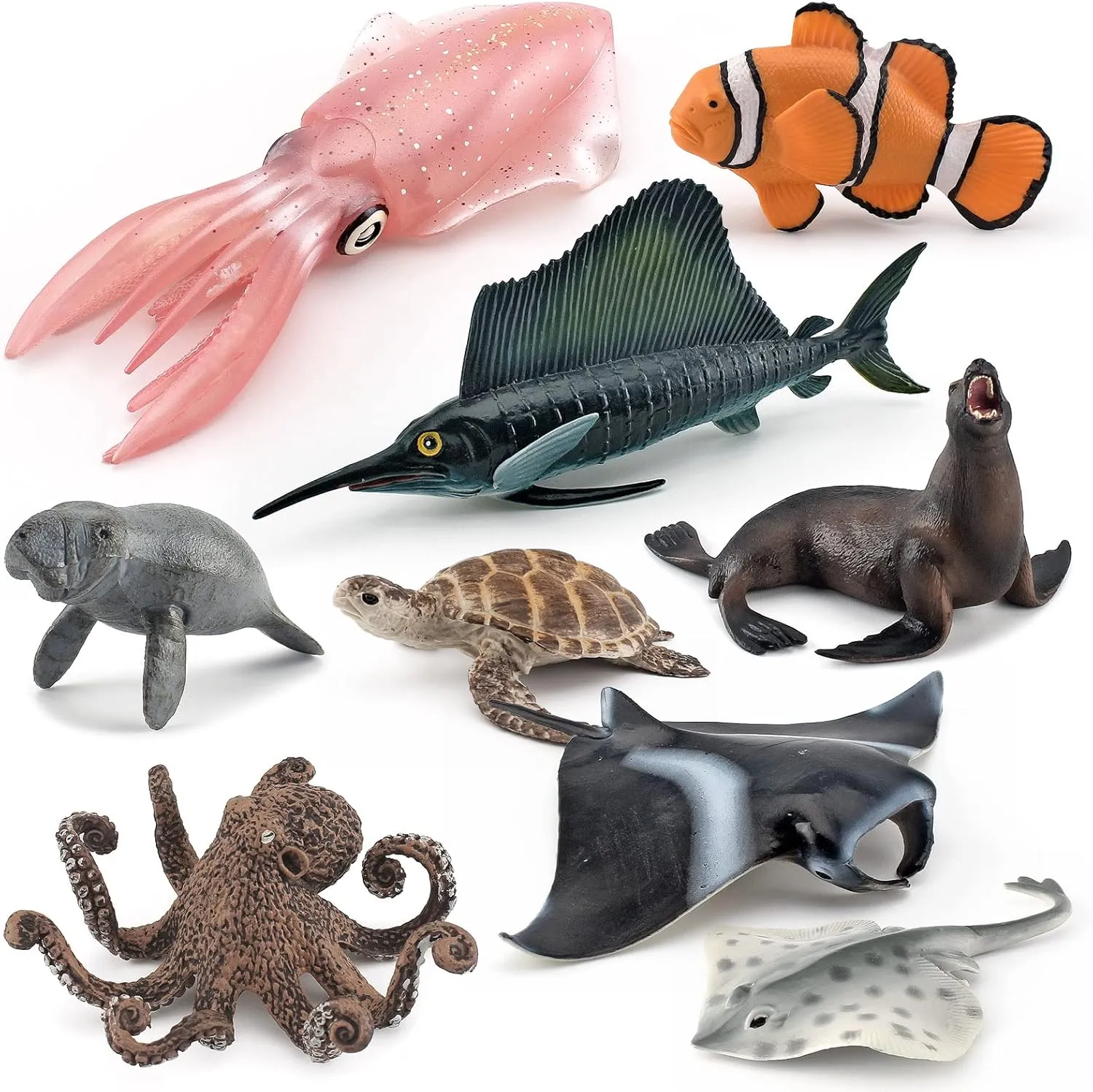 Ocean Sea Marine Animal Model Figures 9 PCS Squid Octopus Sea Turtle Manta Ray Figurines Party Favors Supplies Cake Toppers Set Toys for Boys Girls Kid Toddlers