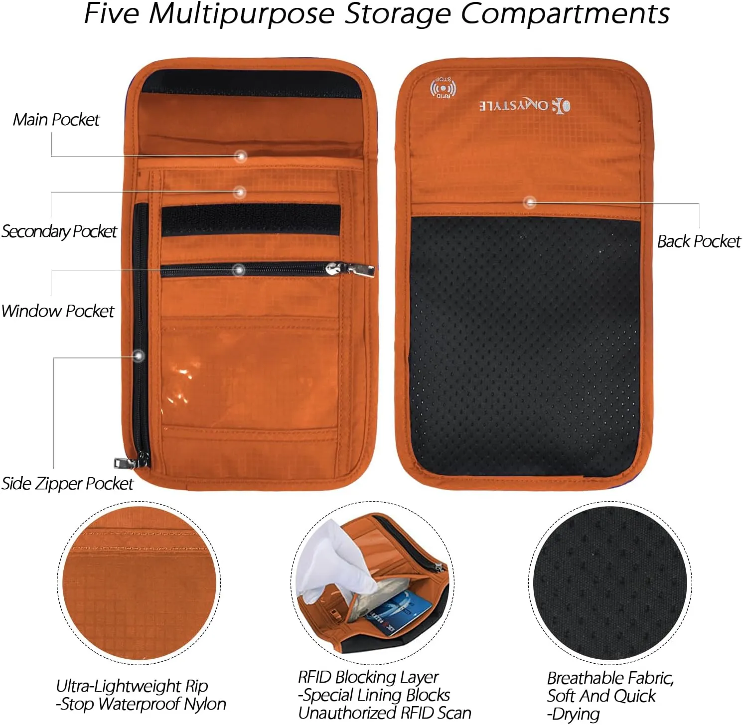 OMYSTYLE Neck Wallet, RFID Passport Holder for Travel, Adjustable Neck Strap, Waterproof Neck Pouch for Men & Women to Keep Cash, Credit Cards and Documents Safe, Orange (8x6)