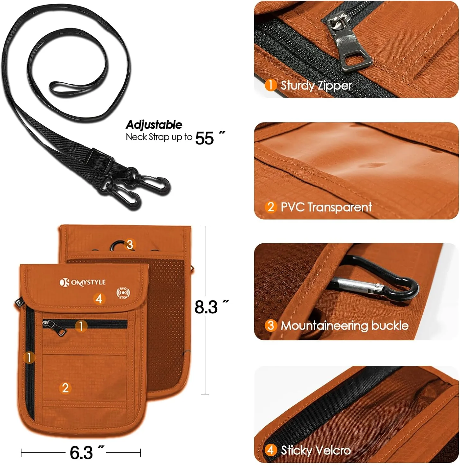 OMYSTYLE Neck Wallet, RFID Passport Holder for Travel, Adjustable Neck Strap, Waterproof Neck Pouch for Men & Women to Keep Cash, Credit Cards and Documents Safe, Orange (8x6)