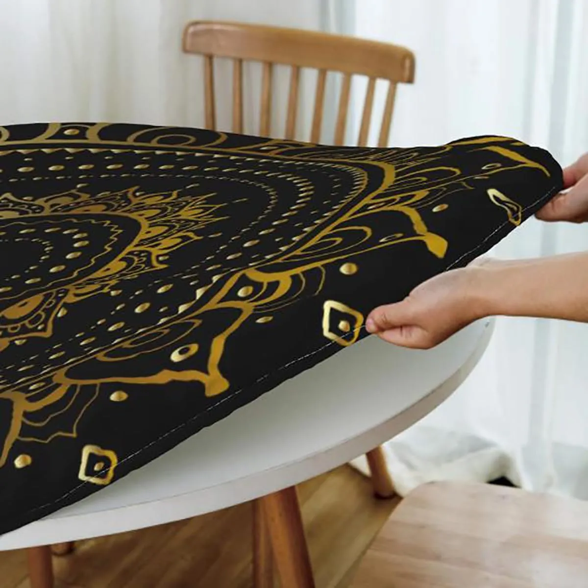 OOzie Multicolor Elastic Fitted Round Tablecloths Geometric Forms and Antique Retro Wooden Boards Oil Proof Waterproof Tablecloth for Picnic Party African Fits up 40"-44" Diameter Tables