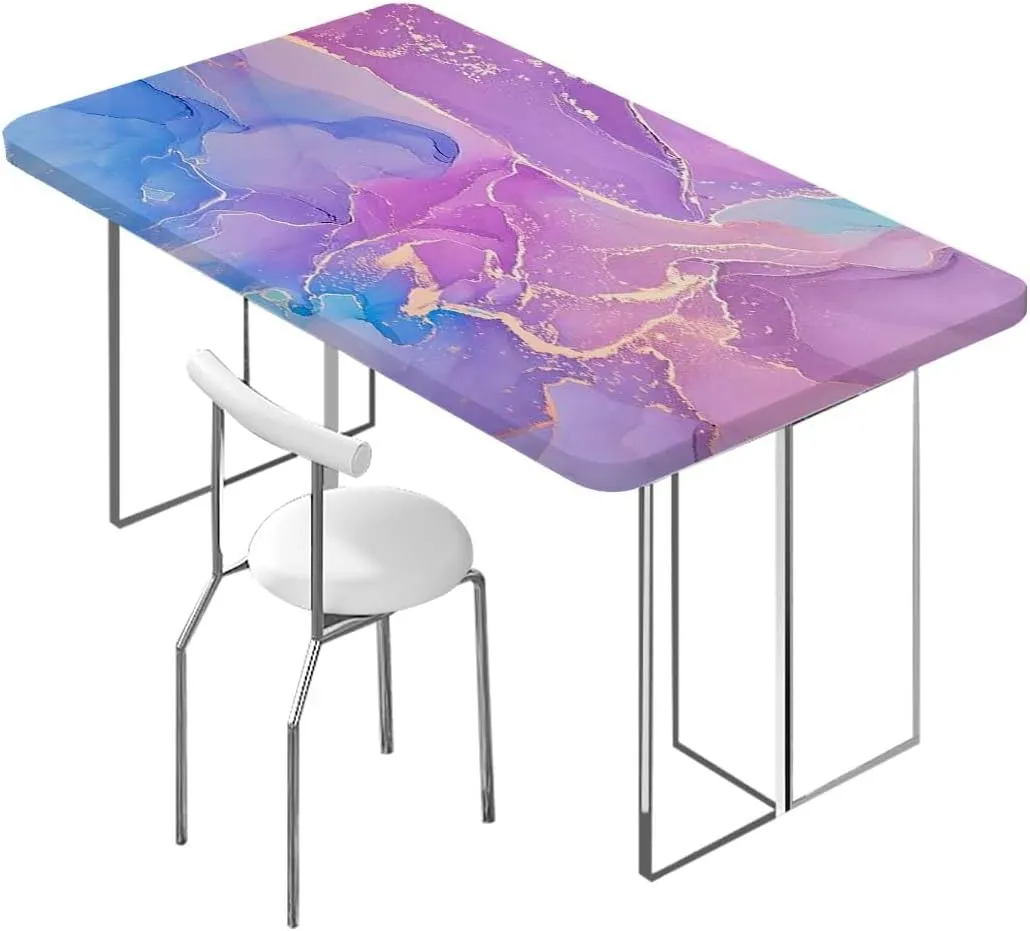 OOzie Multicolor Elastic Fitted Tablecloths, Pink Gold Cloudy Hazy Crack Lines Elastic Fitted Tablecloth Waterproof Wipeable Marble Fits up 4 Foot Tables