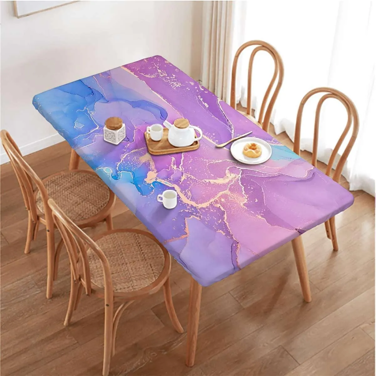 OOzie Multicolor Elastic Fitted Tablecloths, Pink Gold Cloudy Hazy Crack Lines Elastic Fitted Tablecloth Waterproof Wipeable Marble Fits up 4 Foot Tables