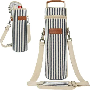 opux Wine Bag Single Bottle Carrier Tote, Insulated Wine Cooler Bag for Travel Picnic Beach with Shoulder Strap, Thermal One Bottle Holder Carrying Case Gift for Women Men, Navy White Stripes