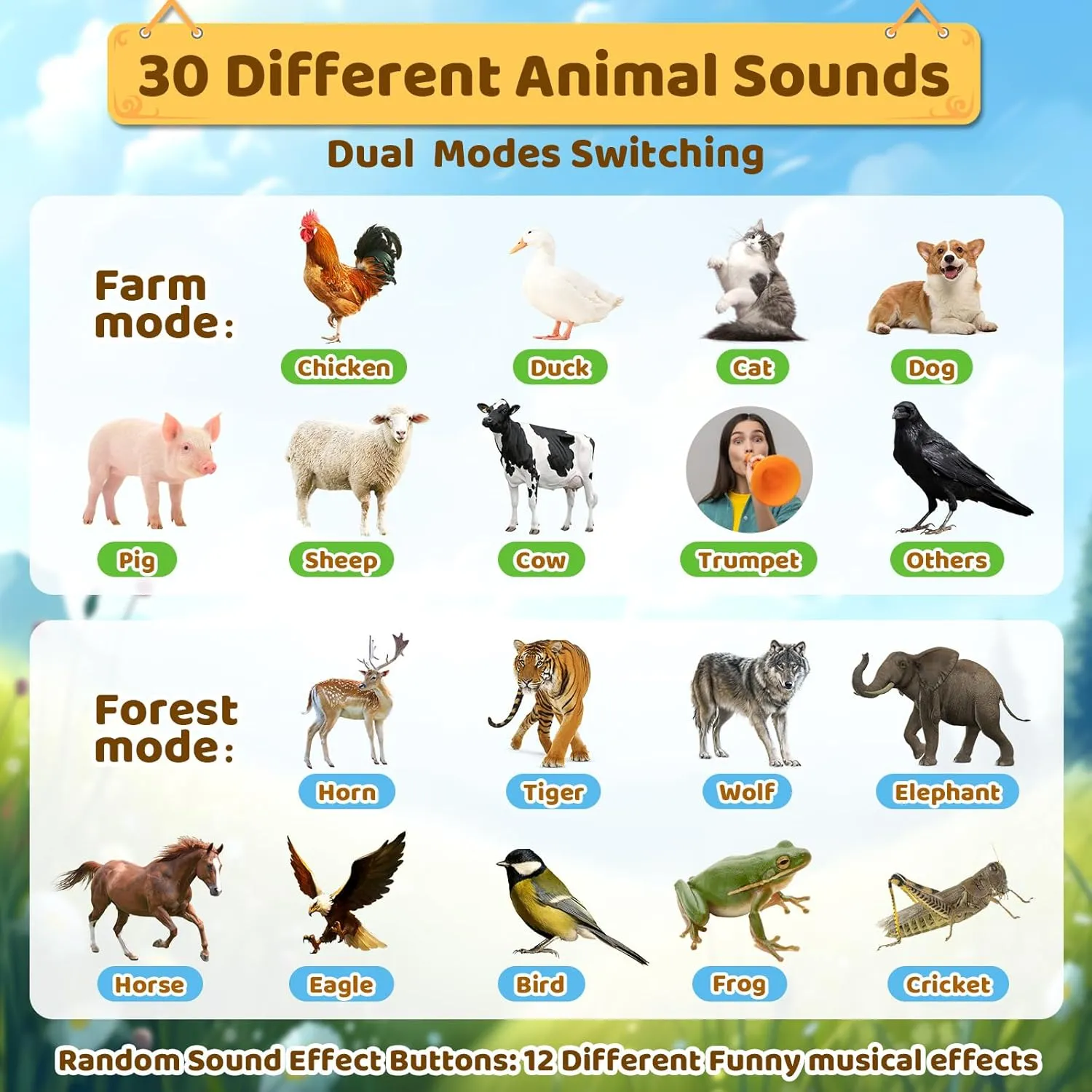Outdoor Discovery Animal Caller Toys for Kids Toddlers, Hunting Toys with 2 Modes & 30 Realistic Animal Sounds, Animal Toys with 8" Horn and 5-Level Lights, Early Learning for Boys Girls Ages 3 