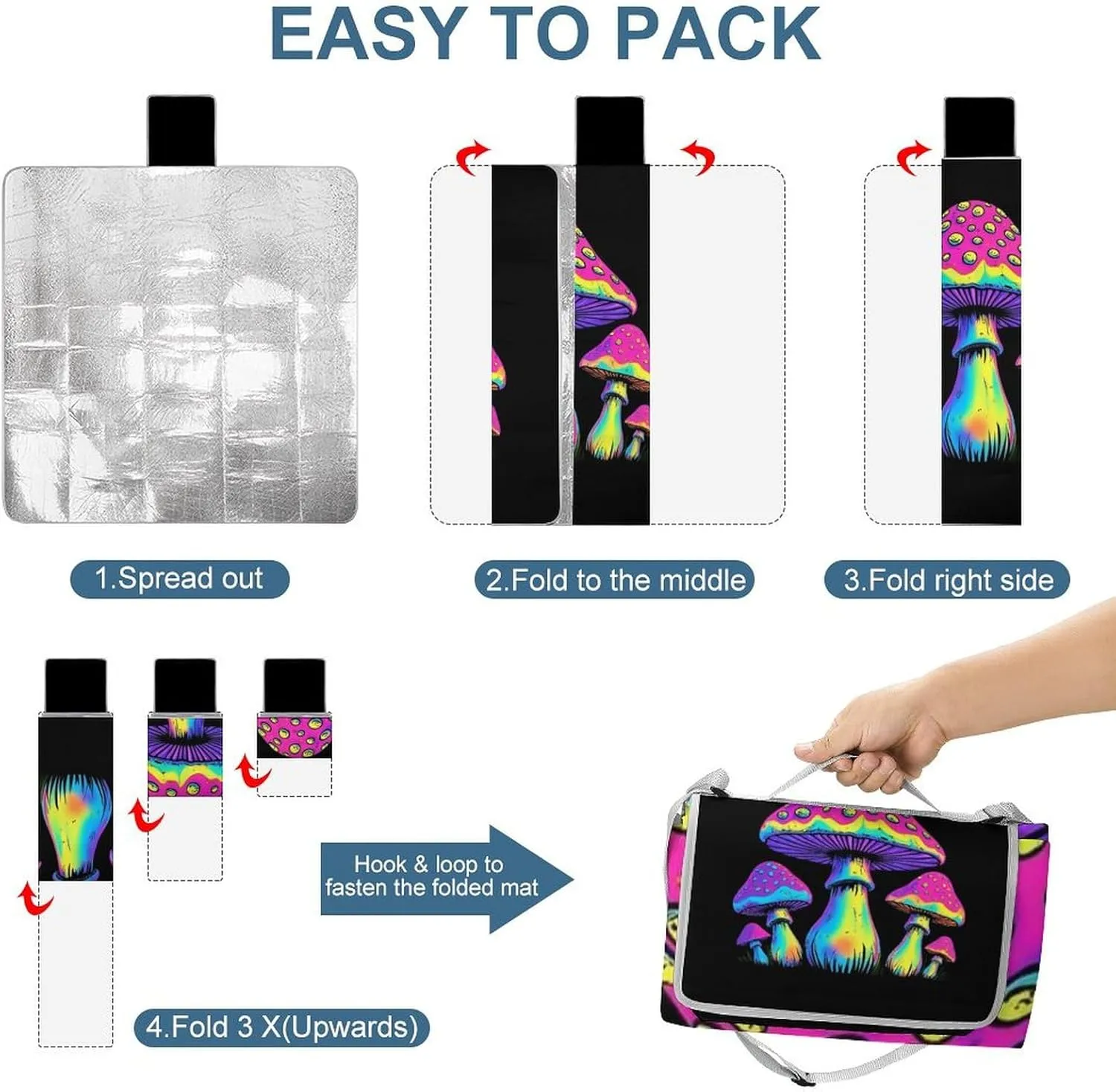Outdoor Foldable Picnic Mat for Women and Men, Sturdy and Durable Magic Mushrooms Neon Art Blanket for Park Travel Beach Camping