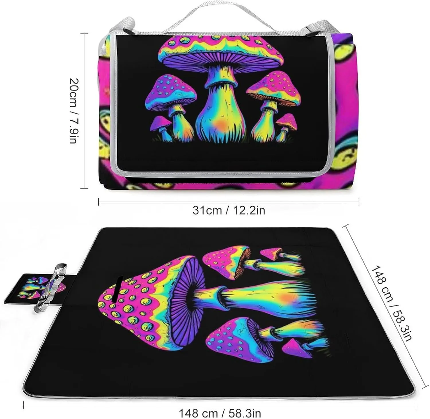 Outdoor Foldable Picnic Mat for Women and Men, Sturdy and Durable Magic Mushrooms Neon Art Blanket for Park Travel Beach Camping