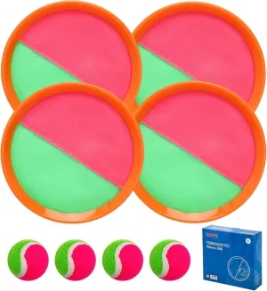 Outdoor Games for Kids Ages 3-10-Toss and Catch Ball Set, Ball Toss Games with 4 Orange Paddles 4 Sticky Balls, 1 Storage Bag, Paddle Ball Games for Kids/Family Boys Girl Gift