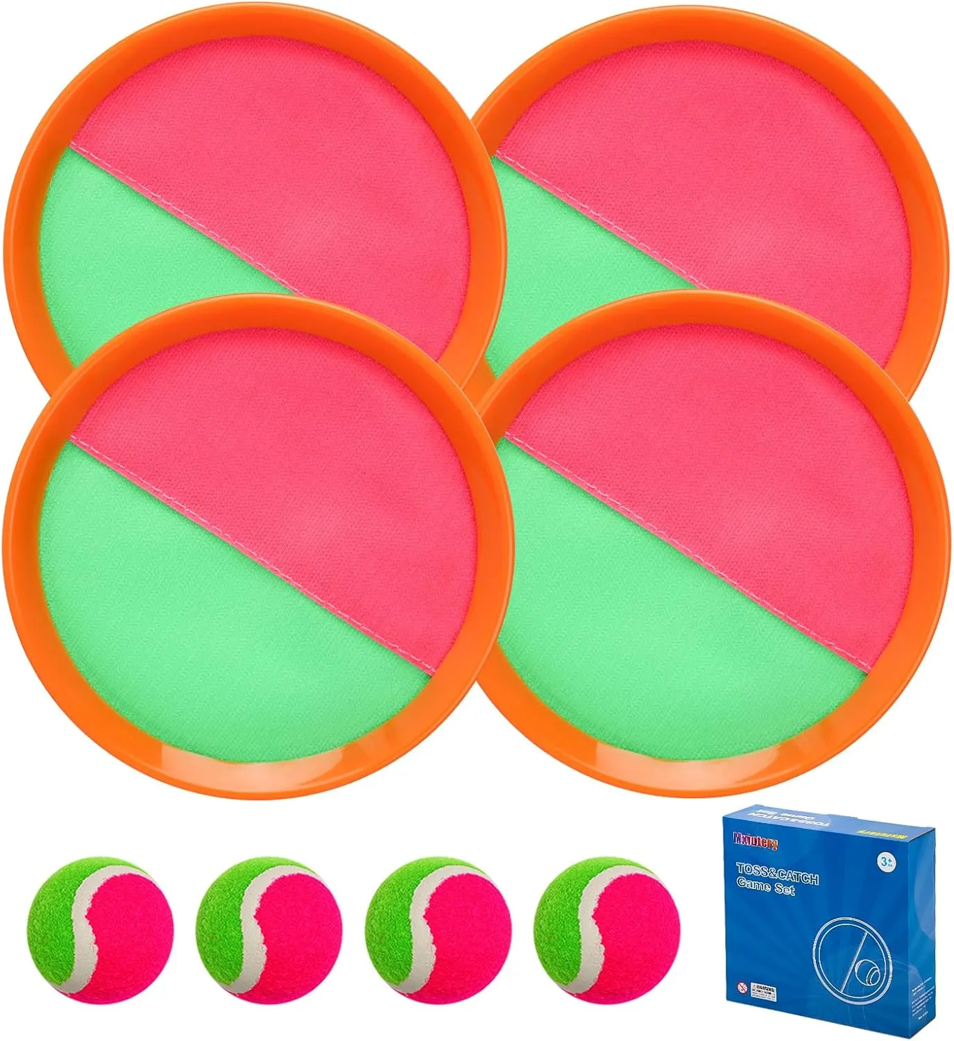 Outdoor Games for Kids Ages 3-10-Toss and Catch Ball Set, Ball Toss Games with 4 Orange Paddles 4 Sticky Balls, 1 Storage Bag, Paddle Ball Games for Kids/Family Boys Girl Gift