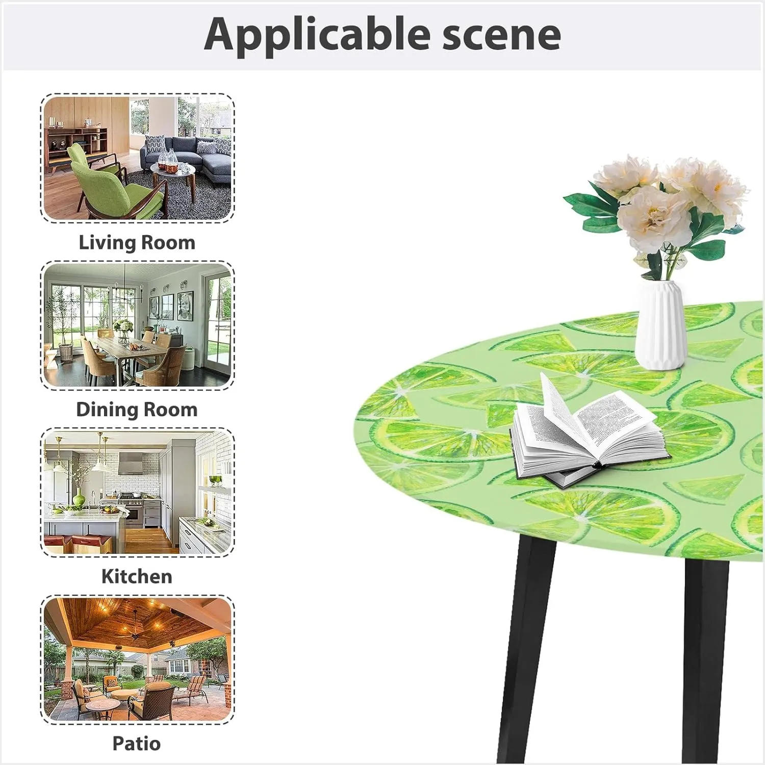 Oyihfvs Seamless Green Lemon Orange Fruit Slices on Green Round Table Cover with Elastic Edge Bands Waterproof Square Table Cloths for Party Home Kitchen Dining Wedding (S) 40-48 inch