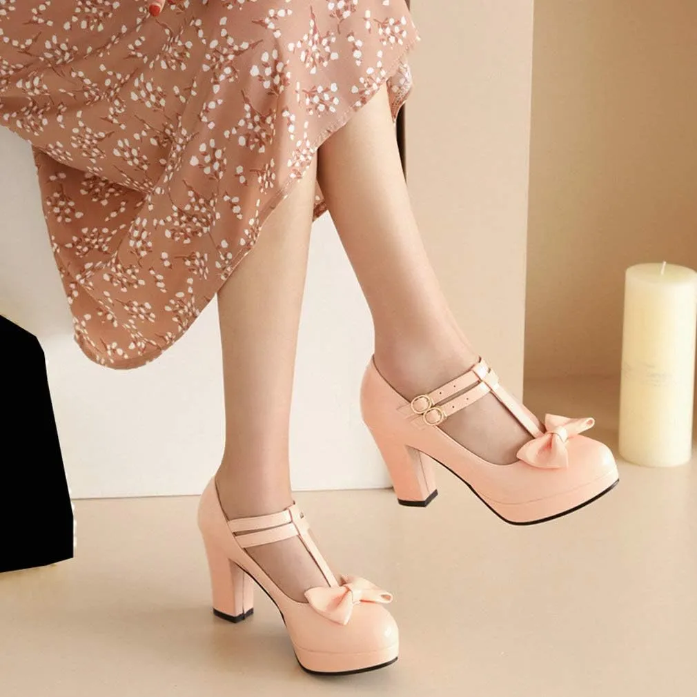 Parisuit Womens T Strap Platform Mary Jane Shoes Chunky High Heels Patent Leather Pumps with Bow