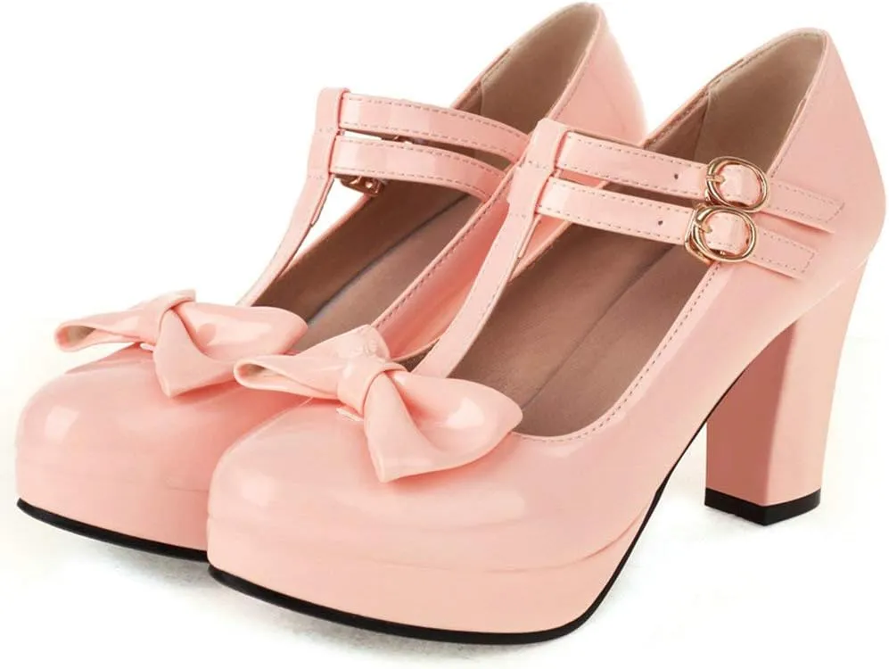 Parisuit Womens T Strap Platform Mary Jane Shoes Chunky High Heels Patent Leather Pumps with Bow