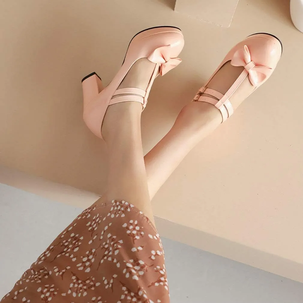 Parisuit Womens T Strap Platform Mary Jane Shoes Chunky High Heels Patent Leather Pumps with Bow