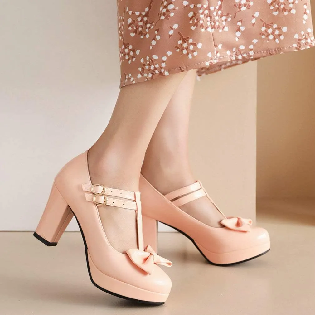 Parisuit Womens T Strap Platform Mary Jane Shoes Chunky High Heels Patent Leather Pumps with Bow