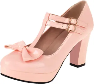 Parisuit Womens T Strap Platform Mary Jane Shoes Chunky High Heels Patent Leather Pumps with Bow