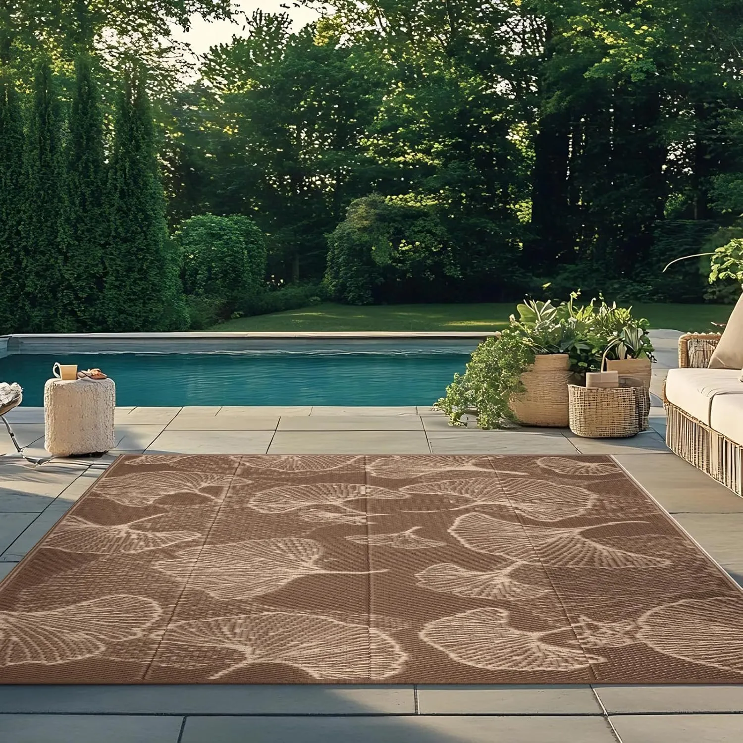 Pcinfuns Outdoor Patio Rugs 6'x9' Waterproof, Reversible Plastic Straw Camping Rug Carpet, Large Area Rugs Mats for Rv, Deck, Porch, Picnic, Beach, Balcony, Coffee & Beige