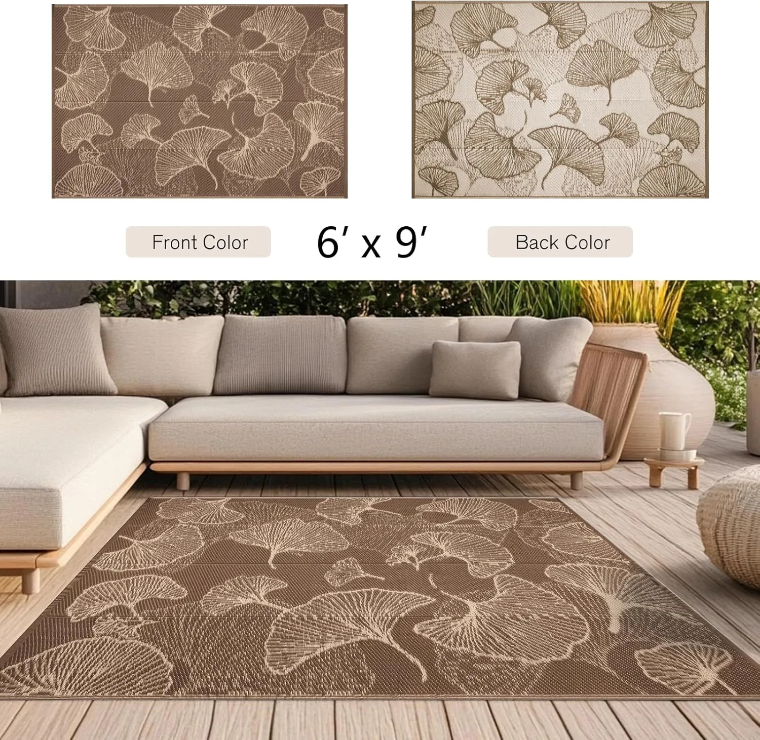 Pcinfuns Outdoor Patio Rugs 6'x9' Waterproof, Reversible Plastic Straw Camping Rug Carpet, Large Area Rugs Mats for Rv, Deck, Porch, Picnic, Beach, Balcony, Coffee & Beige
