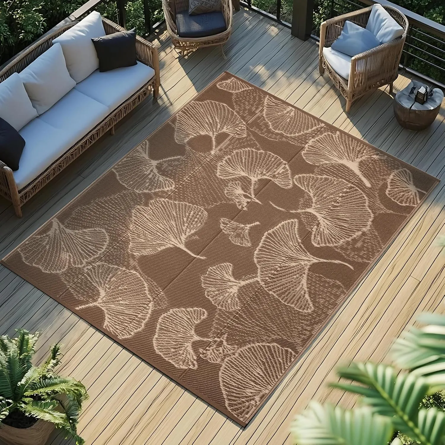 Pcinfuns Outdoor Patio Rugs 6'x9' Waterproof, Reversible Plastic Straw Camping Rug Carpet, Large Area Rugs Mats for Rv, Deck, Porch, Picnic, Beach, Balcony, Coffee & Beige