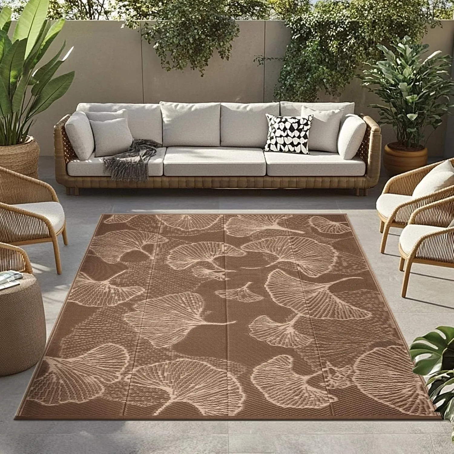 Pcinfuns Outdoor Patio Rugs 6'x9' Waterproof, Reversible Plastic Straw Camping Rug Carpet, Large Area Rugs Mats for Rv, Deck, Porch, Picnic, Beach, Balcony, Coffee & Beige