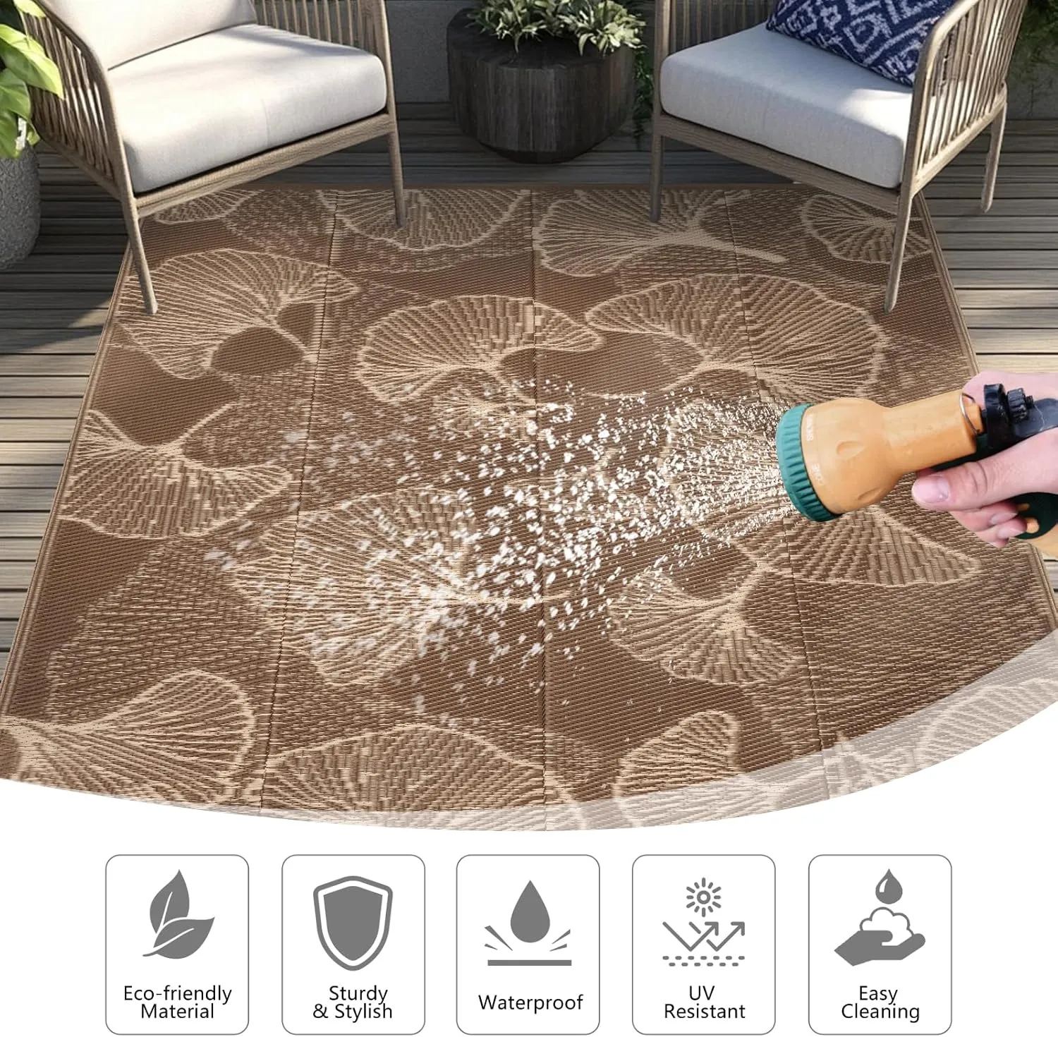 Pcinfuns Outdoor Patio Rugs 6'x9' Waterproof, Reversible Plastic Straw Camping Rug Carpet, Large Area Rugs Mats for Rv, Deck, Porch, Picnic, Beach, Balcony, Coffee & Beige