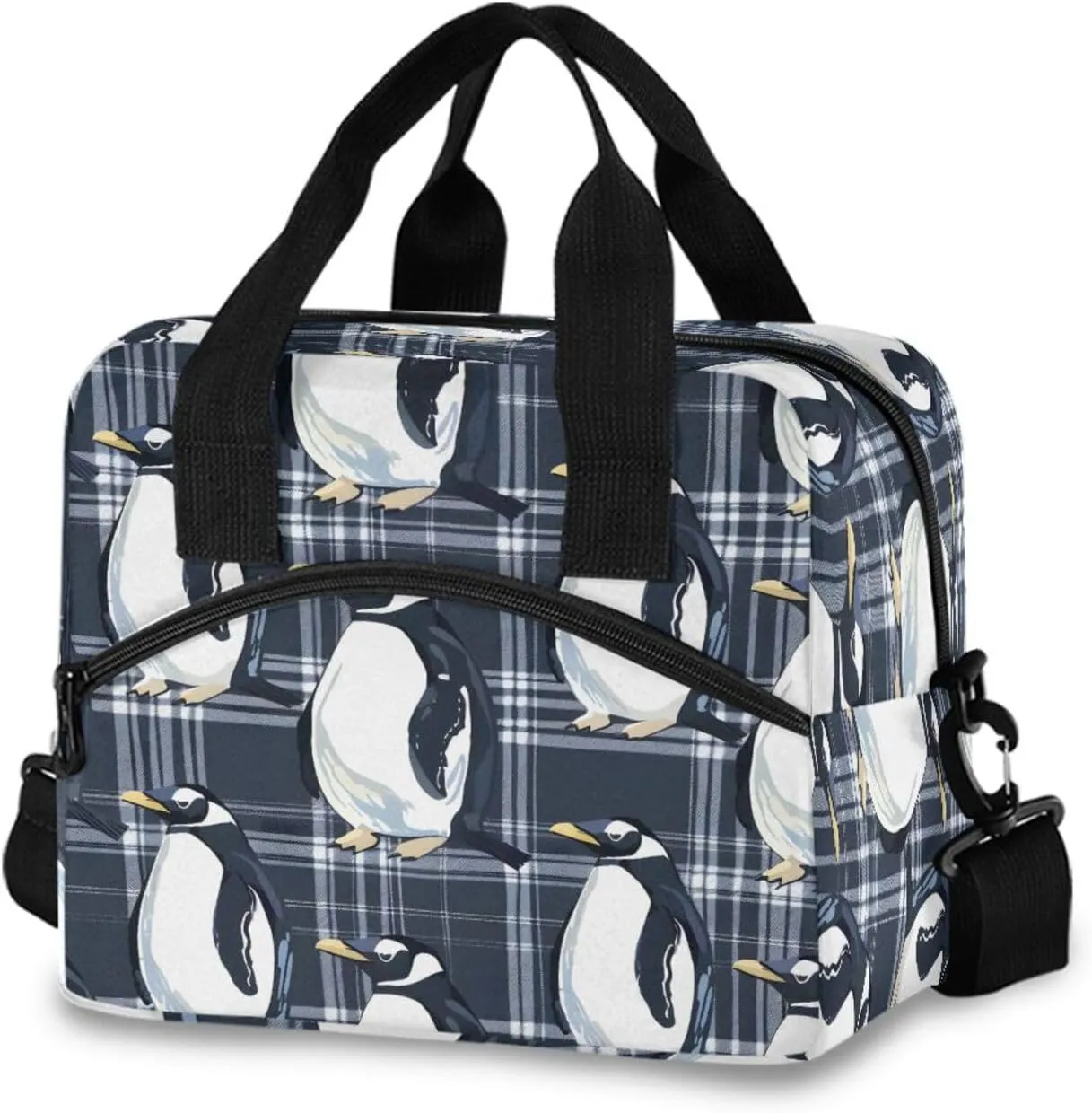 Penguins under The Snow on Plaid Pattern for Textile Print Lunch Box for Men Women Adults Insulated Lunch Bag Cooler Bag with Adjustable Shoulder Strap for Work Picnic Travel