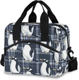 Penguins under The Snow on Plaid Pattern for Textile Print Lunch Box for Men Women Adults Insulated Lunch Bag Cooler Bag with Adjustable Shoulder Strap for Work Picnic Travel