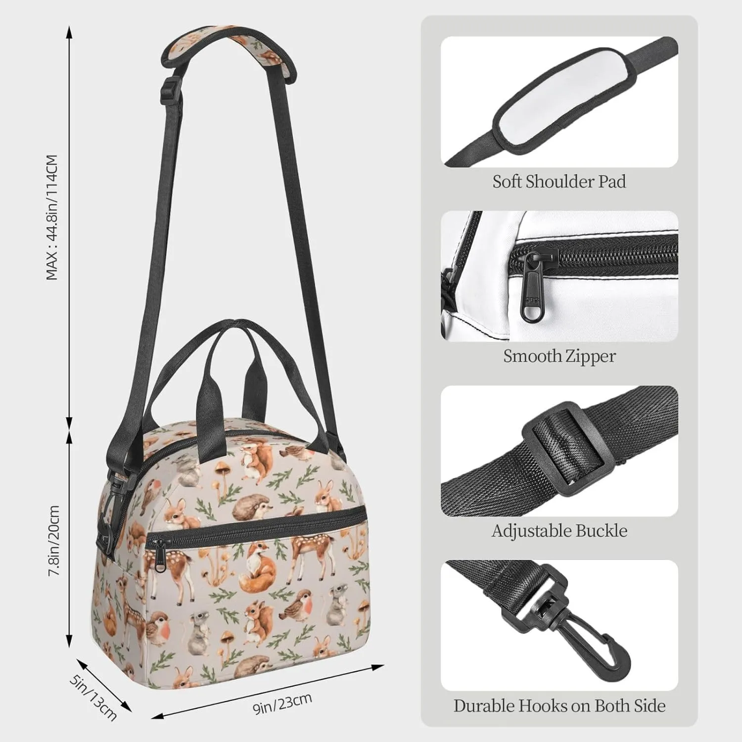 Perinsto Forest Animals Deers Lunch Bag Squirrel Fox Hedgehog Bird Reusable Insulated Lunch Tote Bag Lunchbox Container With Adjustable Shoulder Strap For Office Work School Picnic Travel