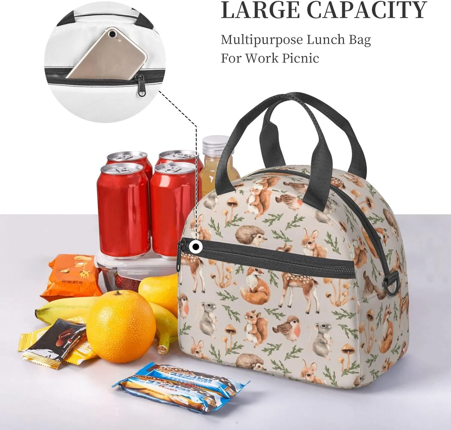 Perinsto Forest Animals Deers Lunch Bag Squirrel Fox Hedgehog Bird Reusable Insulated Lunch Tote Bag Lunchbox Container With Adjustable Shoulder Strap For Office Work School Picnic Travel