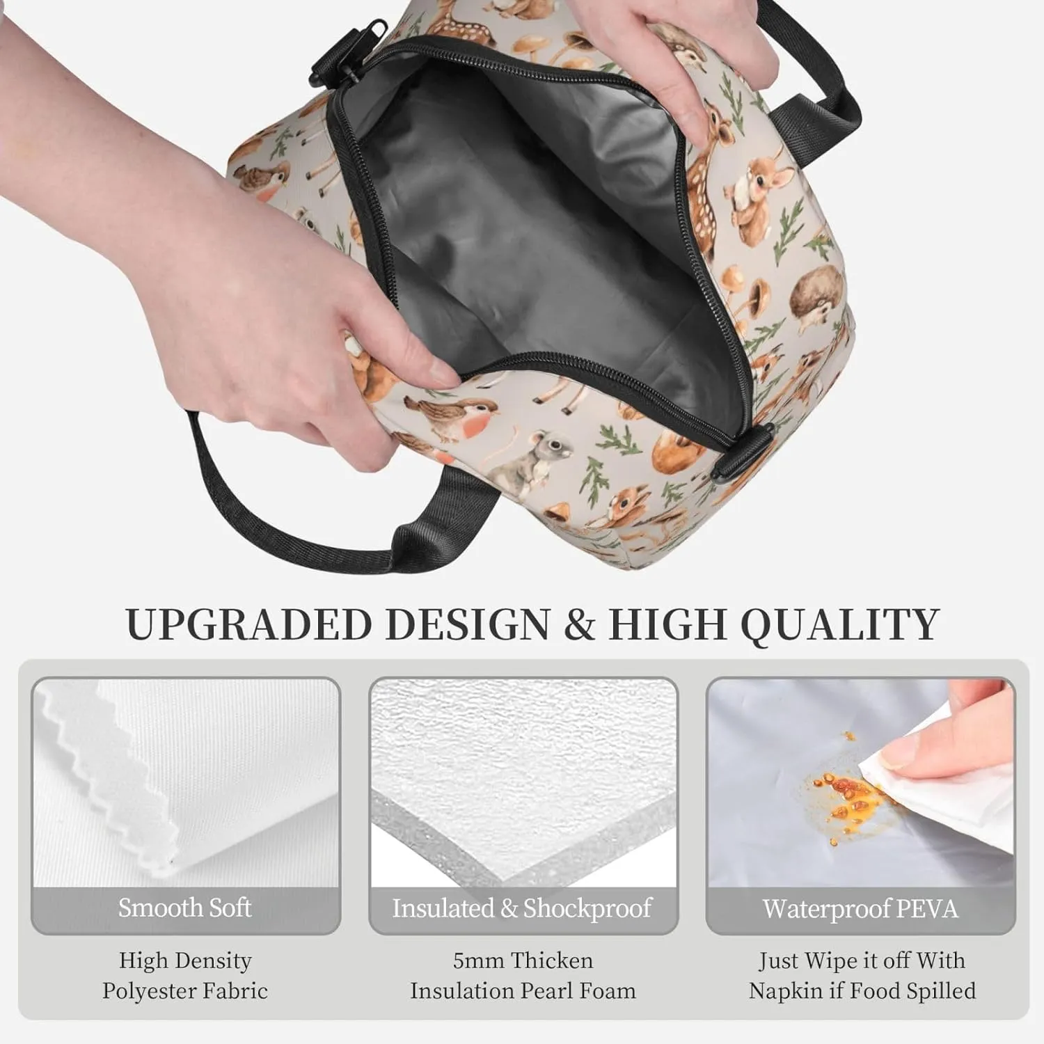 Perinsto Forest Animals Deers Lunch Bag Squirrel Fox Hedgehog Bird Reusable Insulated Lunch Tote Bag Lunchbox Container With Adjustable Shoulder Strap For Office Work School Picnic Travel