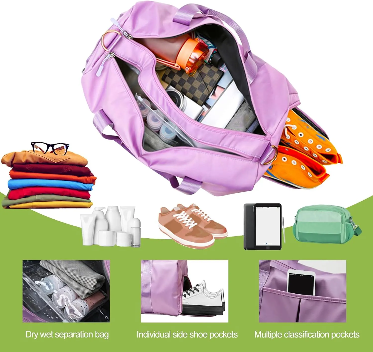 Personalized Duffle Bag with Embroidery Name/Color Print logo, Gym Bag Weekend Getaway for Women Men, Duffel Bag for Sports, Waterproof Dufflebag with Shoe and Wet Clothes Compartments-Purple