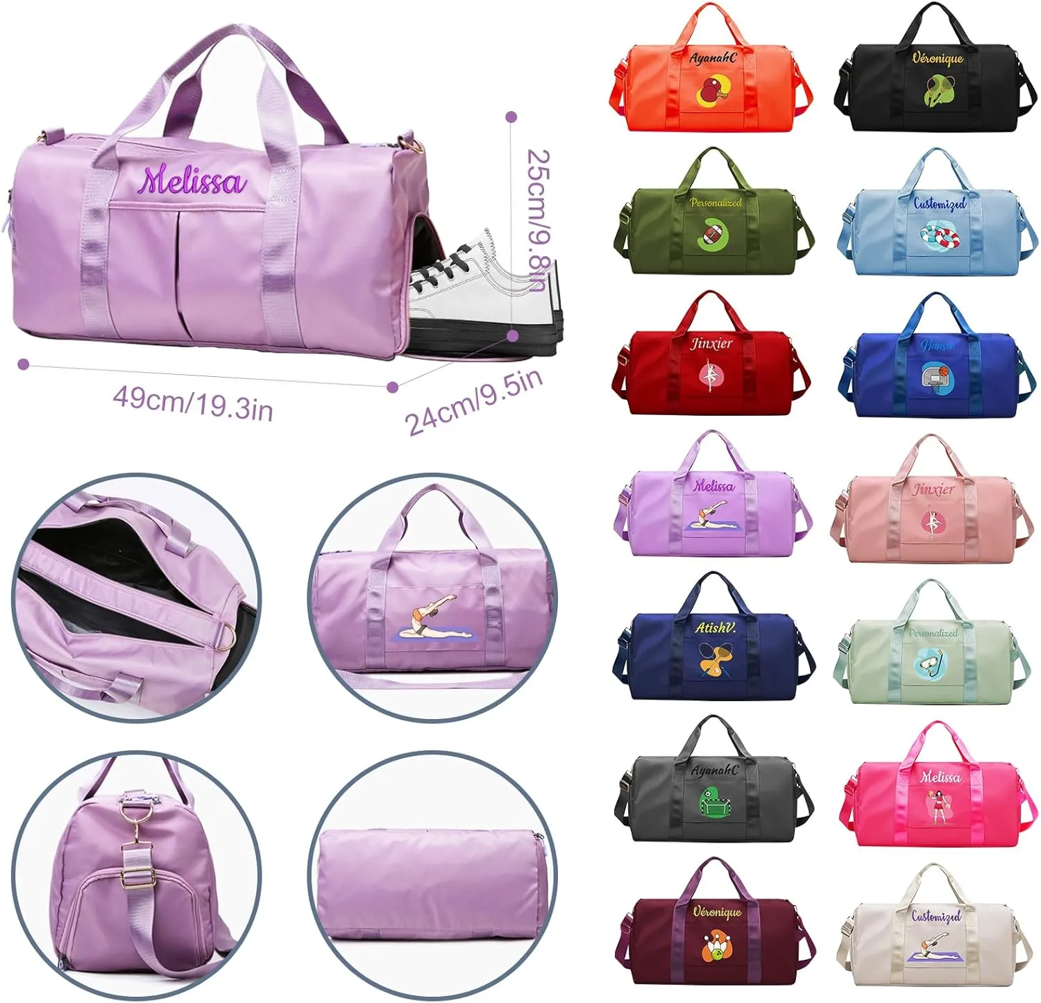 Personalized Duffle Bag with Embroidery Name/Color Print logo, Gym Bag Weekend Getaway for Women Men, Duffel Bag for Sports, Waterproof Dufflebag with Shoe and Wet Clothes Compartments-Purple