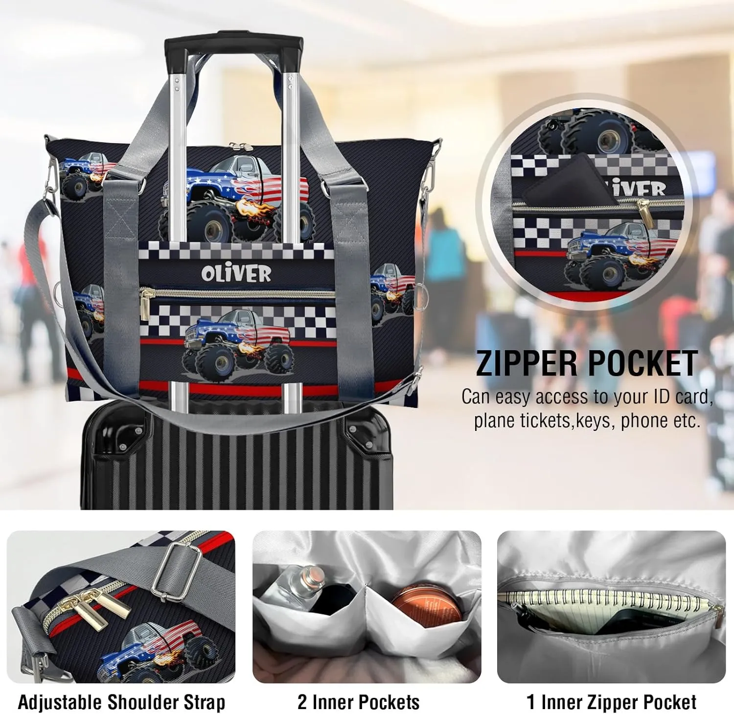 Personalized Duffle Bag with Name,Race Car Flag Custom Overnight Bag Travel Bag Gym Duffle Bag for Travel Weekend Sleepover Bag