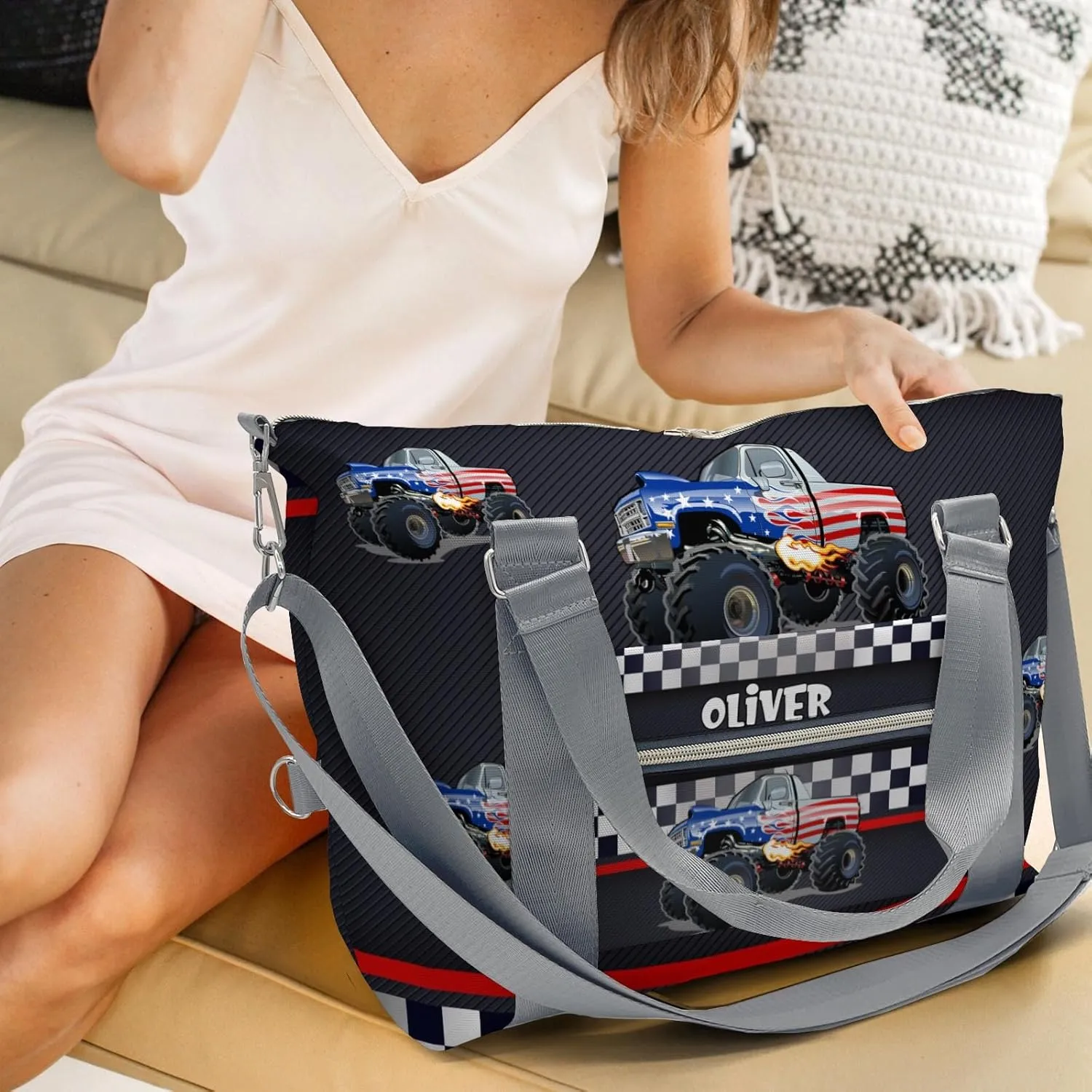 Personalized Duffle Bag with Name,Race Car Flag Custom Overnight Bag Travel Bag Gym Duffle Bag for Travel Weekend Sleepover Bag