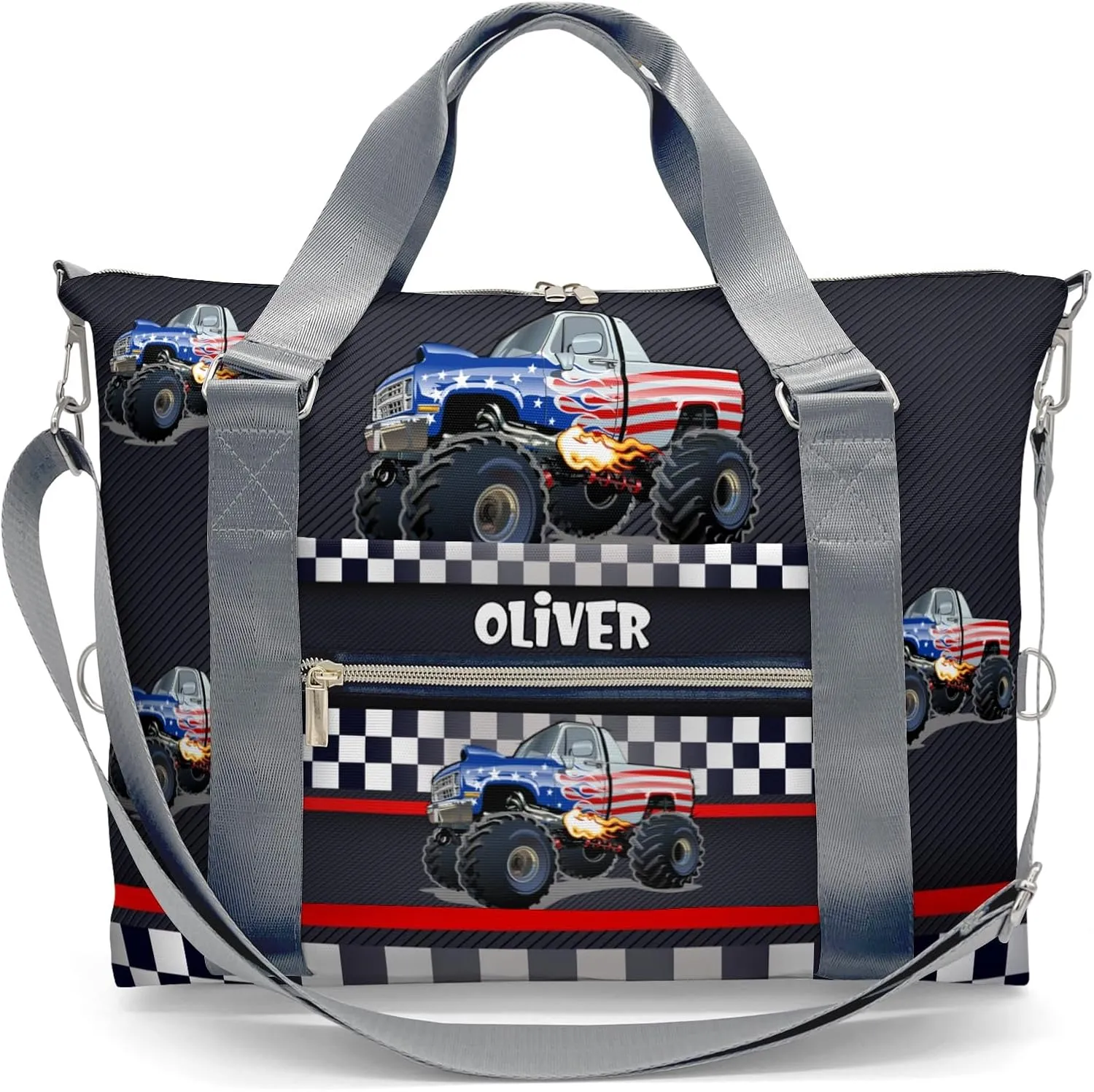 Personalized Duffle Bag with Name,Race Car Flag Custom Overnight Bag Travel Bag Gym Duffle Bag for Travel Weekend Sleepover Bag