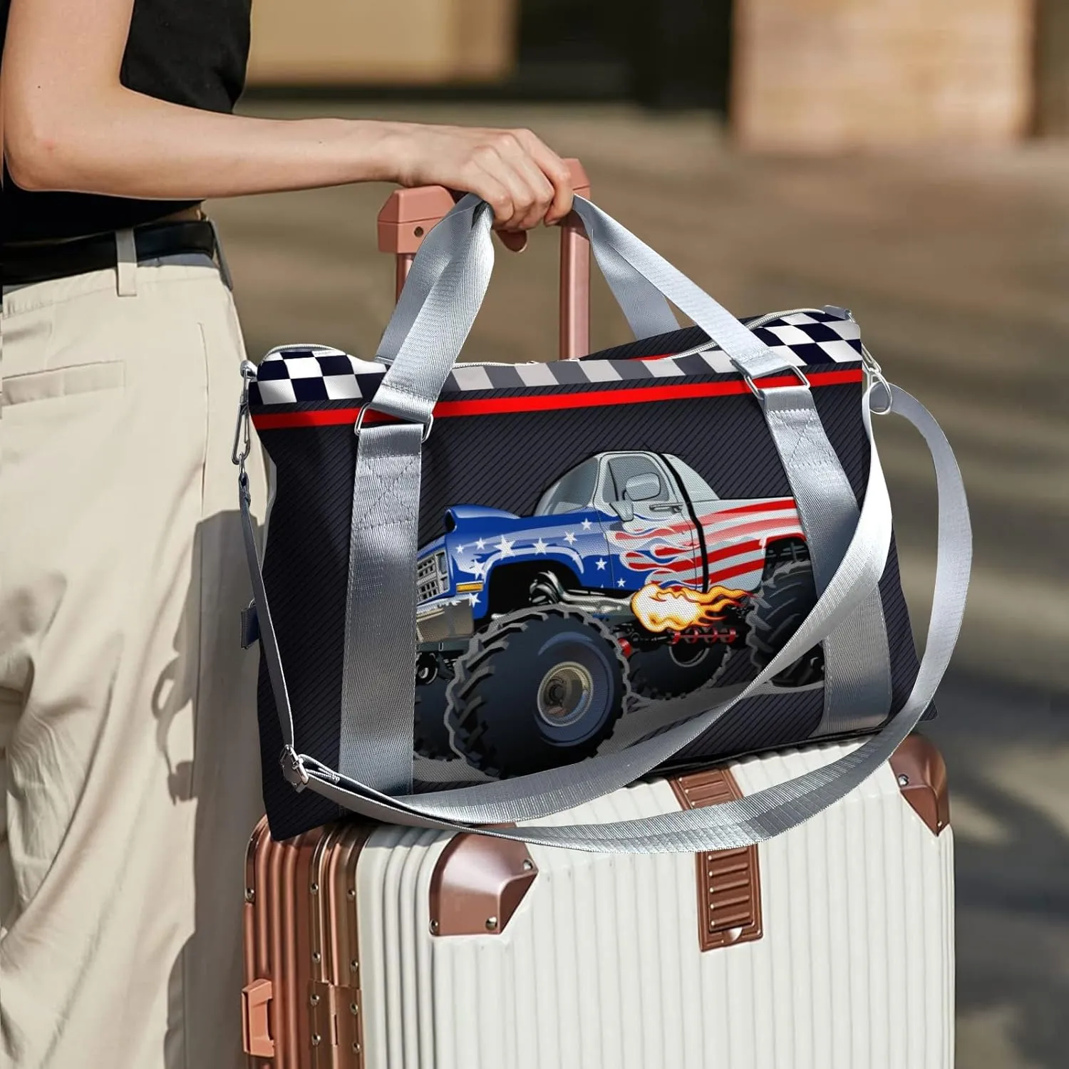 Personalized Duffle Bag with Name,Race Car Flag Custom Overnight Bag Travel Bag Gym Duffle Bag for Travel Weekend Sleepover Bag