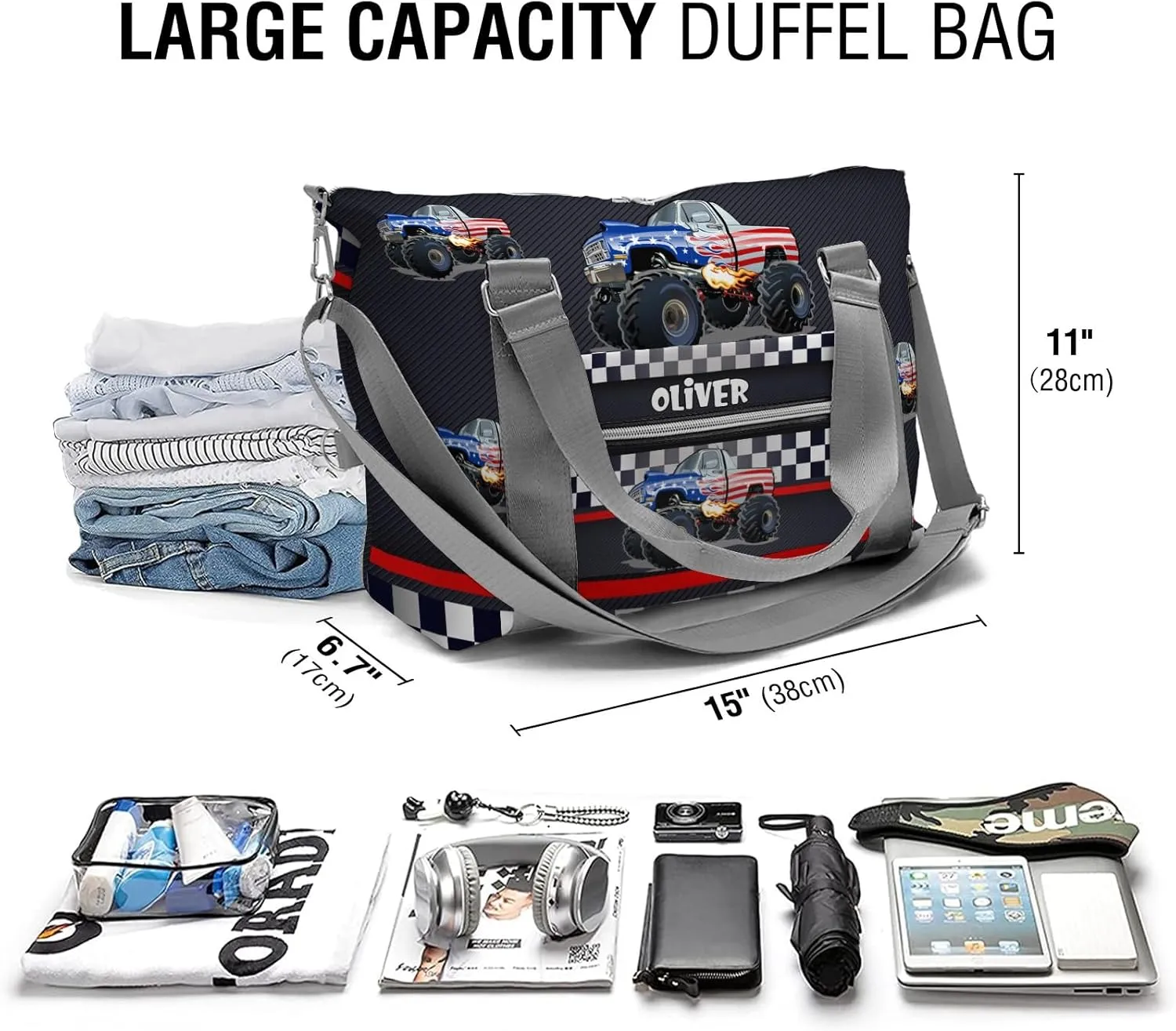 Personalized Duffle Bag with Name,Race Car Flag Custom Overnight Bag Travel Bag Gym Duffle Bag for Travel Weekend Sleepover Bag