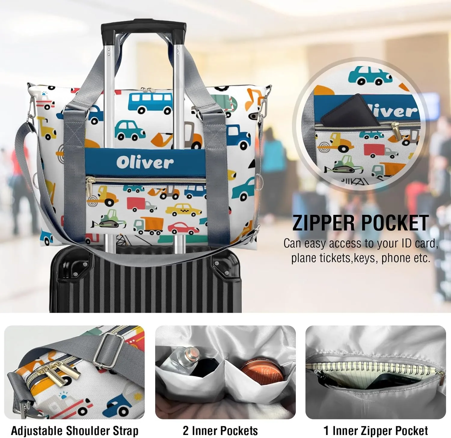 Personalized Gym Dance Bag for Girls Boys,Cartoon Car Bus Monster Custom Name Sport Duffel Bag Weekender Bags Carry On Travel Duffel Bag
