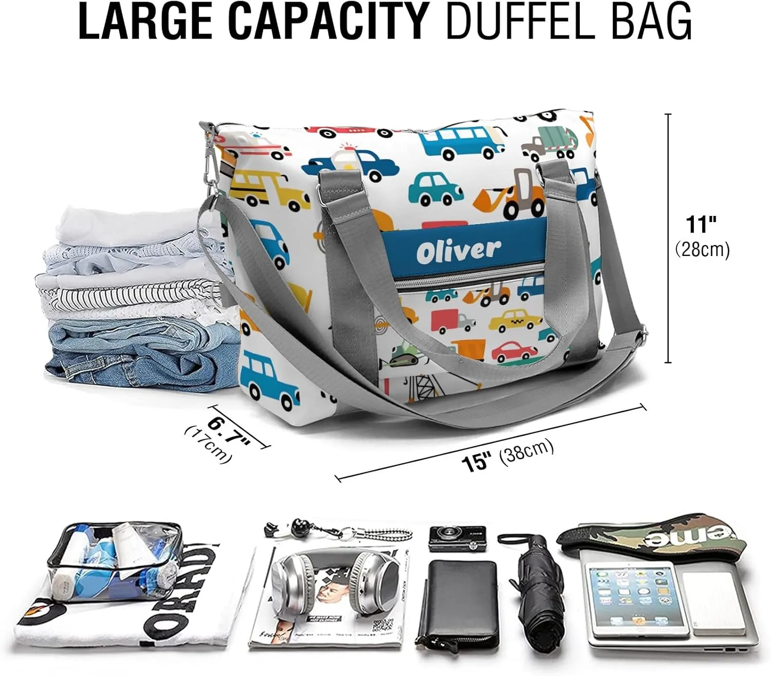 Personalized Gym Dance Bag for Girls Boys,Cartoon Car Bus Monster Custom Name Sport Duffel Bag Weekender Bags Carry On Travel Duffel Bag