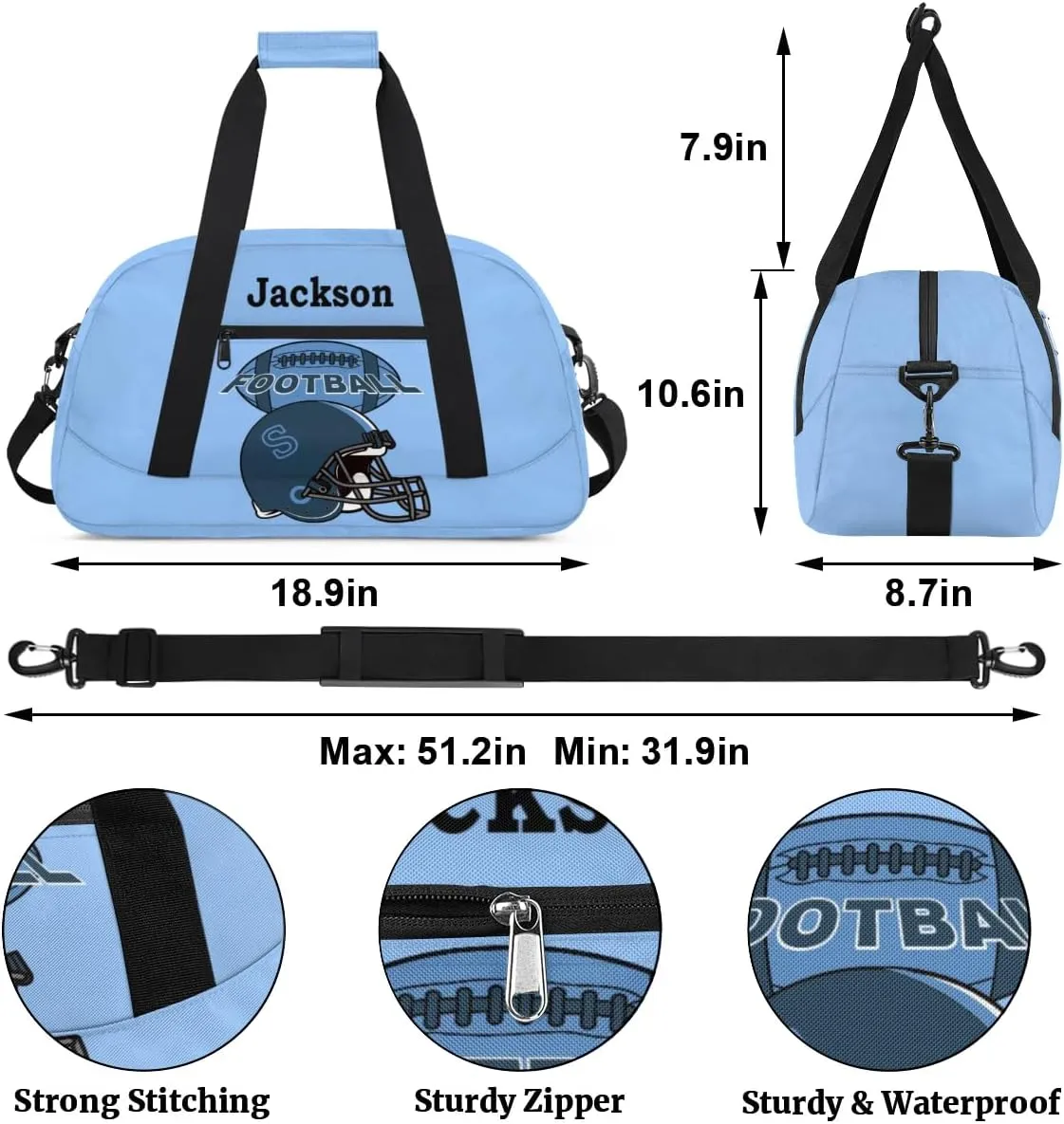 Personalized Kids Gym Bag, Custom Sport Duffel Bag for Boys - Overnight Weekender Bag Carry on Tote for Airplane Swim Travel - Sky Blue