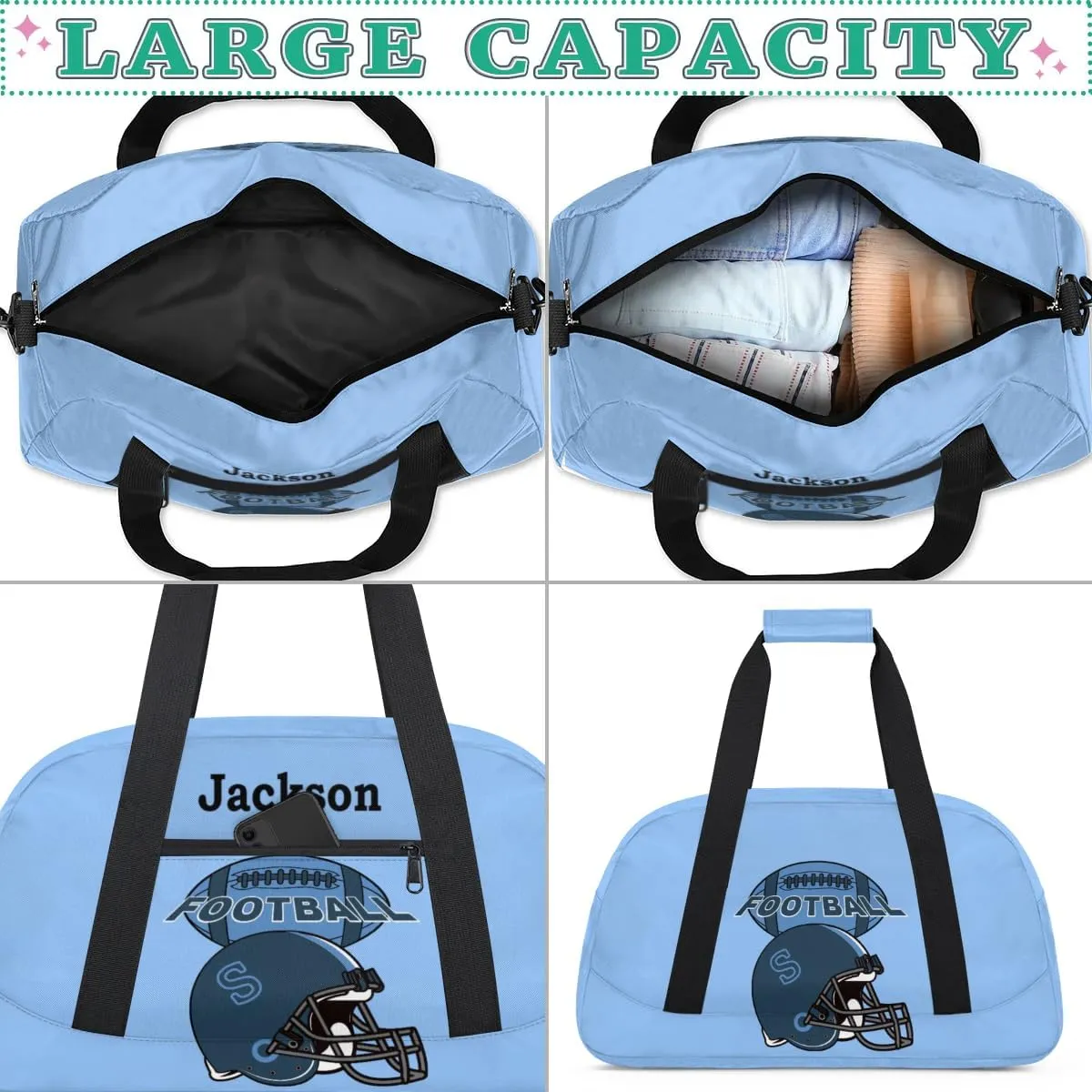 Personalized Kids Gym Bag, Custom Sport Duffel Bag for Boys - Overnight Weekender Bag Carry on Tote for Airplane Swim Travel - Sky Blue