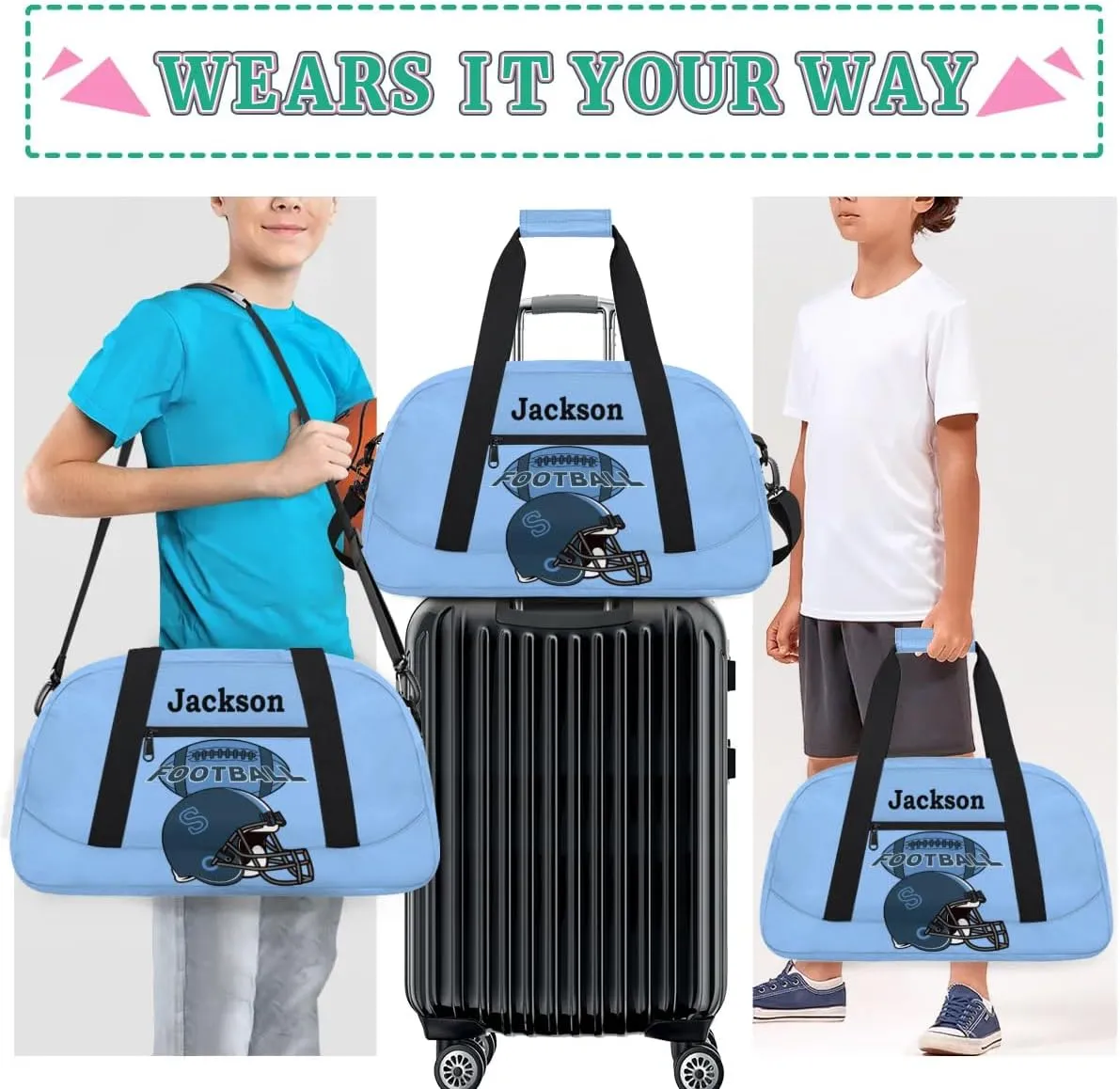Personalized Kids Gym Bag, Custom Sport Duffel Bag for Boys - Overnight Weekender Bag Carry on Tote for Airplane Swim Travel - Sky Blue