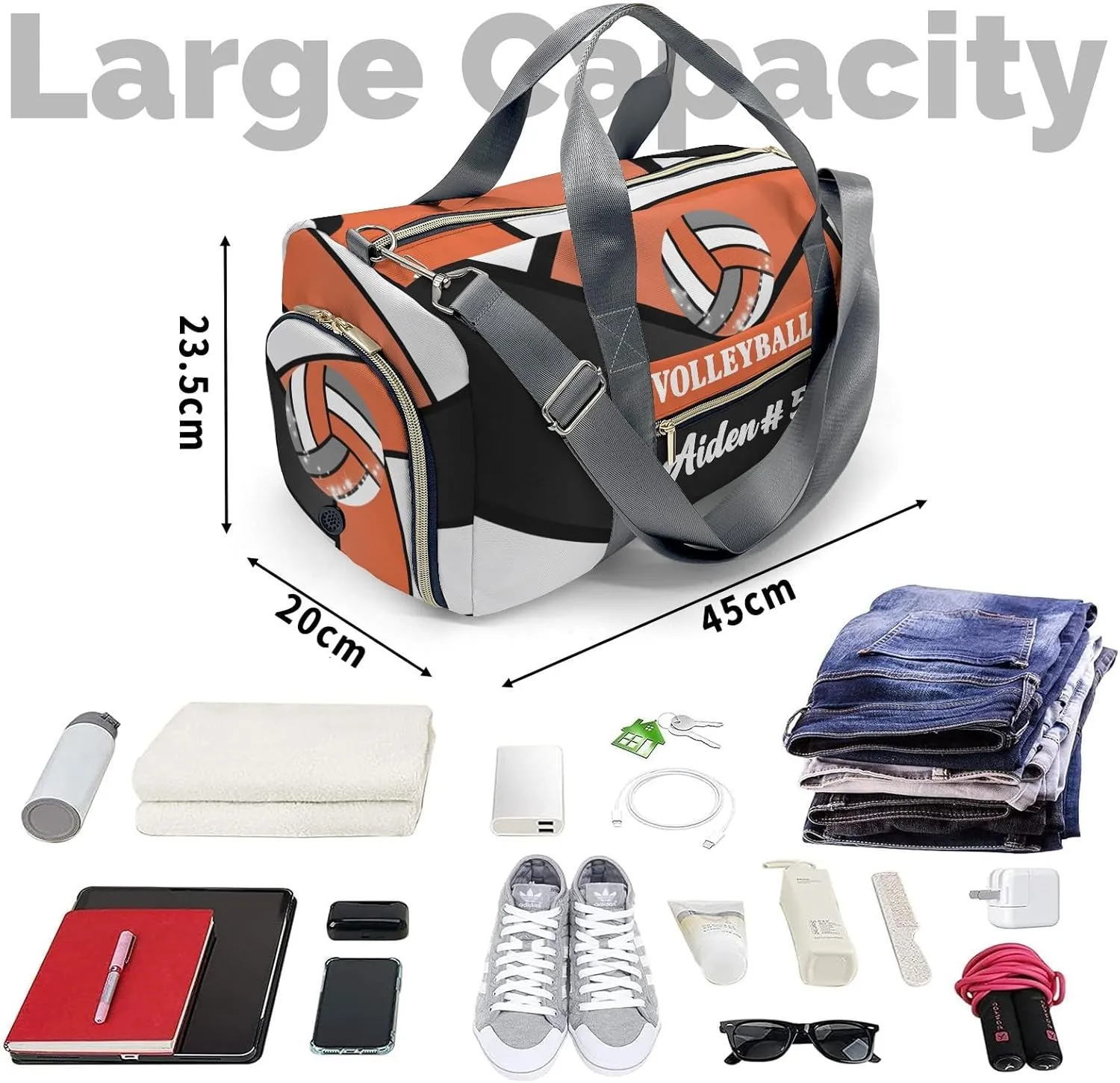 Personalized Orange Volleyball Duffle Bags with Name for Women Girls Custom Travel Perform Training Bags