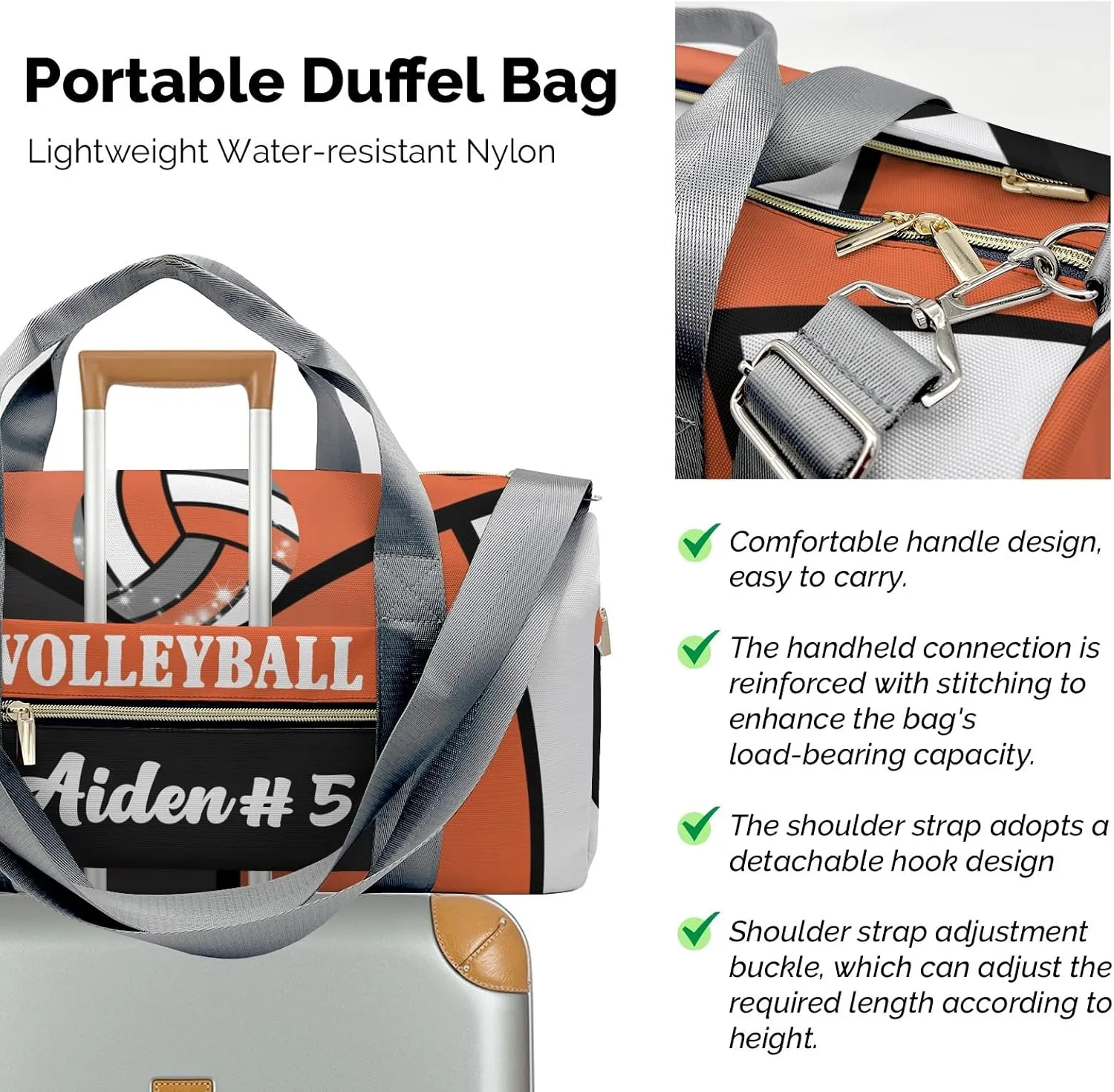 Personalized Orange Volleyball Duffle Bags with Name for Women Girls Custom Travel Perform Training Bags